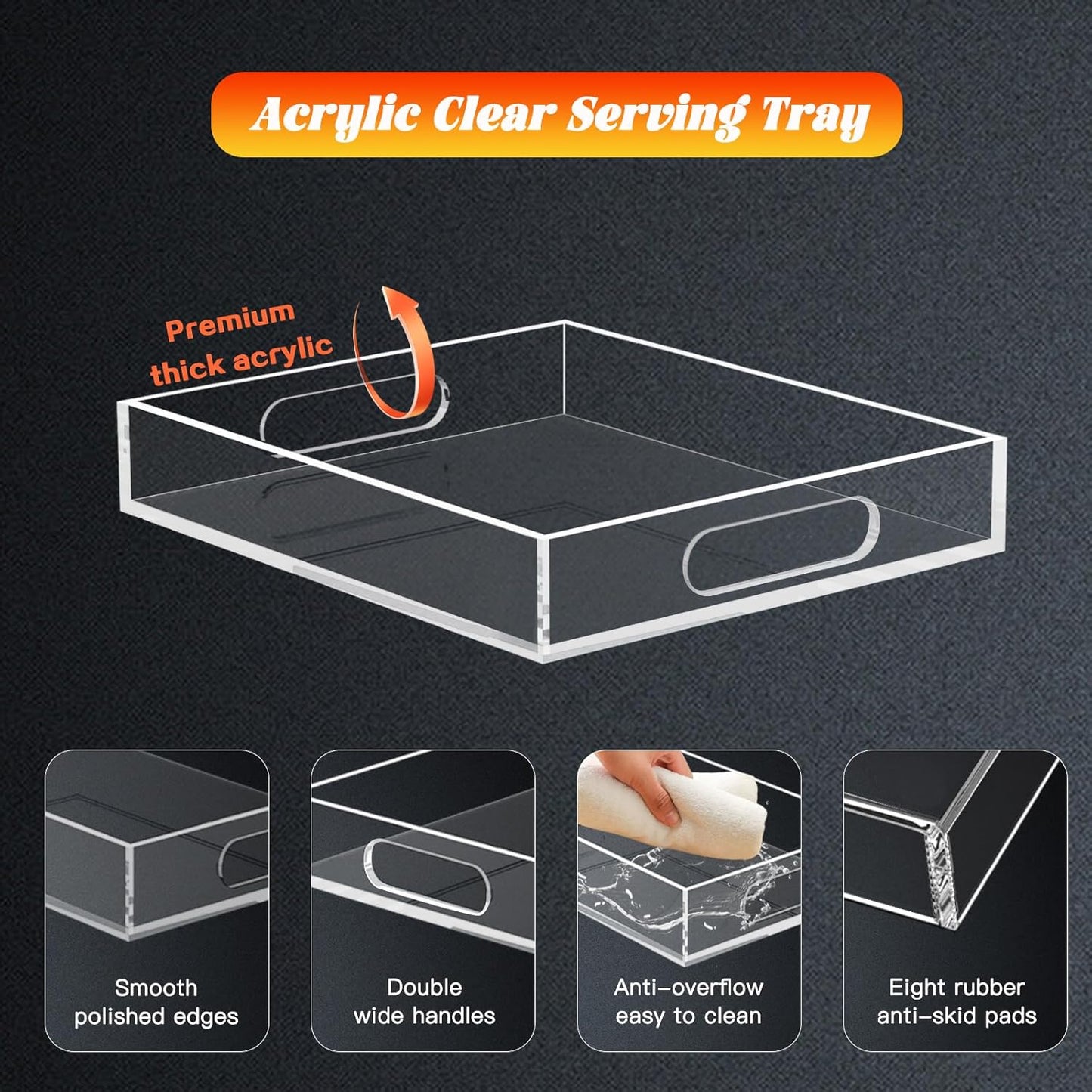 Acrylic Serving Tray with Handles - Lucite Organizer for Bench, Coffee Table, Countertop, Kitchen, Bathroom, Living Room, Powder Room