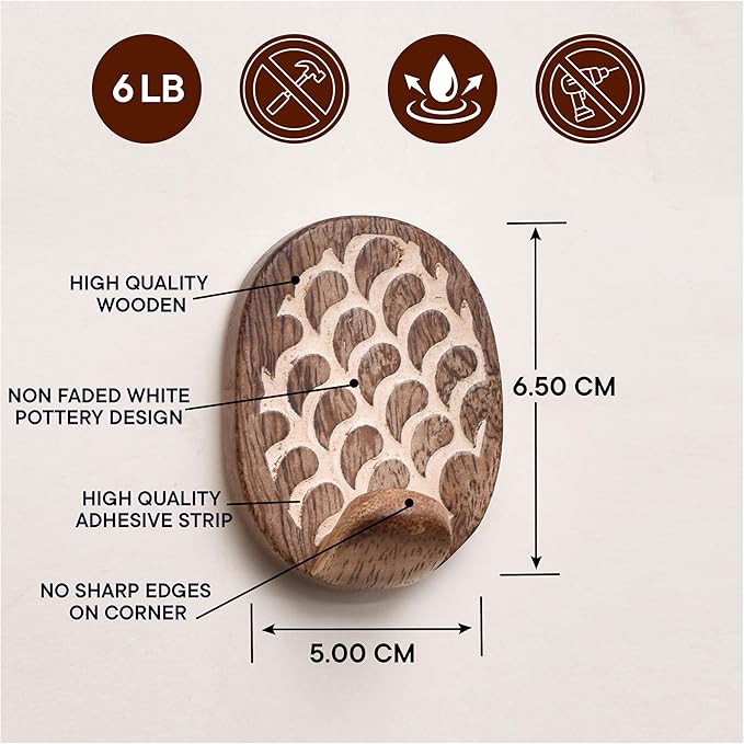 Indian Shelf 6 Lb- 3 Pieces Decorative Wood Adhesive Wall Hooks–Boho Peel and - Image 3
