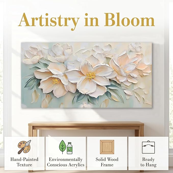 Anolyfi White Textured Flowers Canvas Wall Art - Image 3