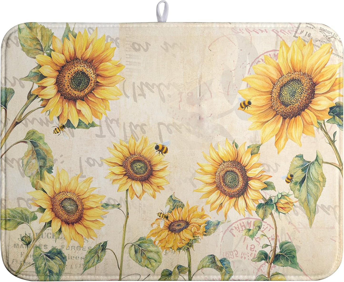 Spring Summer Dish Drying Mat Sunflower Kitchen Dish Drying Pad Absorbent Vintage Drying Mat for Countertops Dish Dryer Mat Microfiber Dishes Drainer Pad Dish Drying Rack Mat (18x24 in)