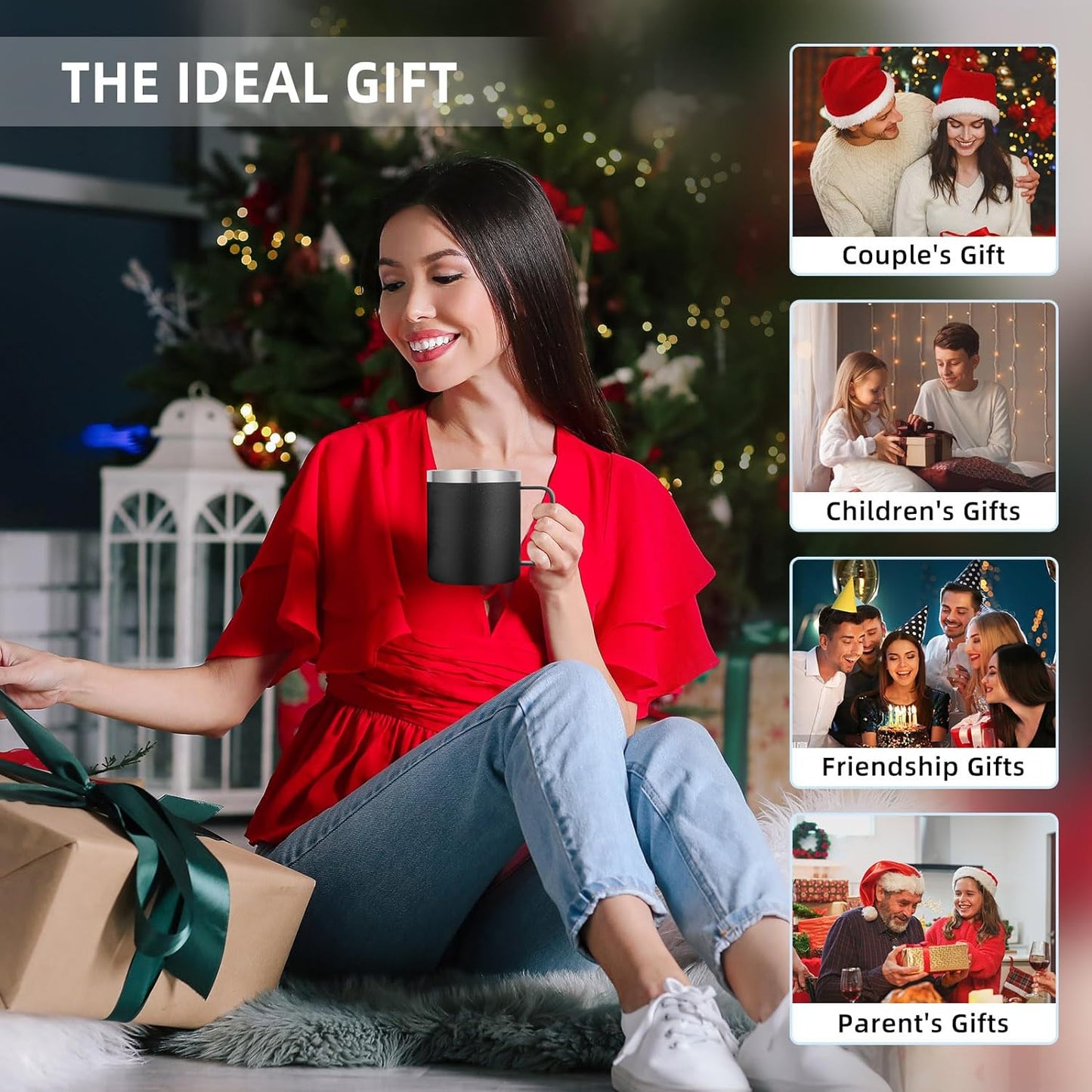 Volhoply 14oz Insulated Stainless Steel Coffee Mug with Lid Bulk 4 Pack,Double Wall Vacuum Travel Coffee Cup with Handle,Reusable Metal Cups Tumbler,Camping Mugs Keep Hot,Ideal Gifts(Black,4)