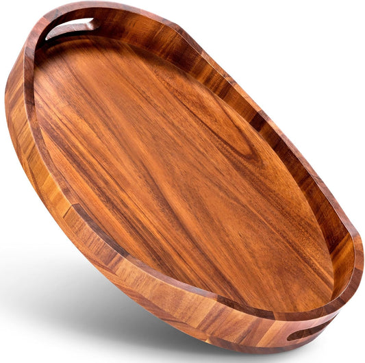HouseJoy Acacia Wood Serving Tray with Handles, Decorative Ottoman Tray Platter for Breakfast in Bed, Living Room, Coffee Table, Lunch, Dinner, Bathroom, Candle Display,16.5"x13"