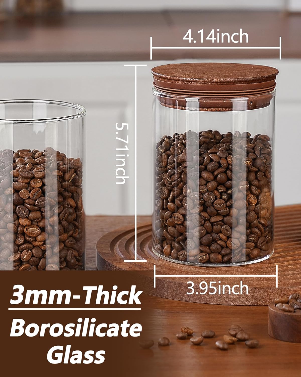 27oz Coffee Canister with Scoop and Wooden Lids, Airtight Coffee Grounds Container Set of 2 for Coffee Bar Organizer, Glass Jar for Coffee Beans Storage