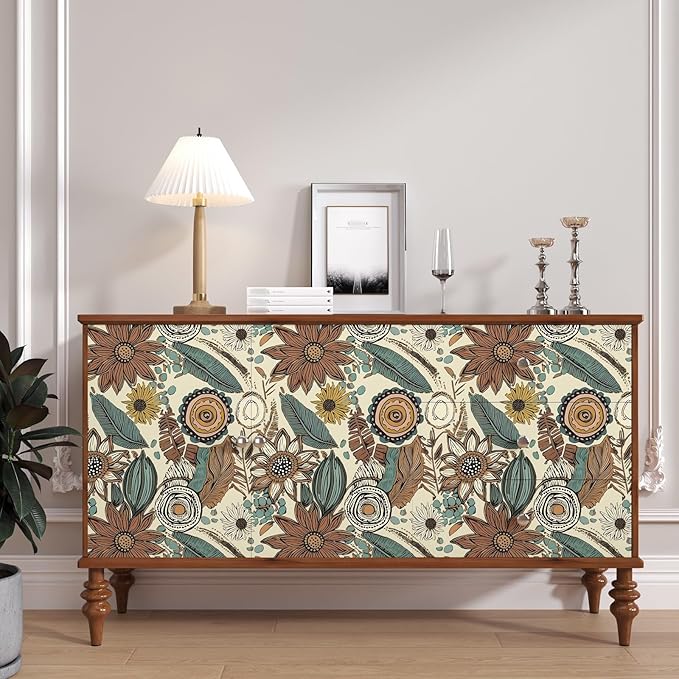 Boho Wallpaper Peel and Stick, Retro Floral Contact Paper 17.5" x 393.7" - Image 2