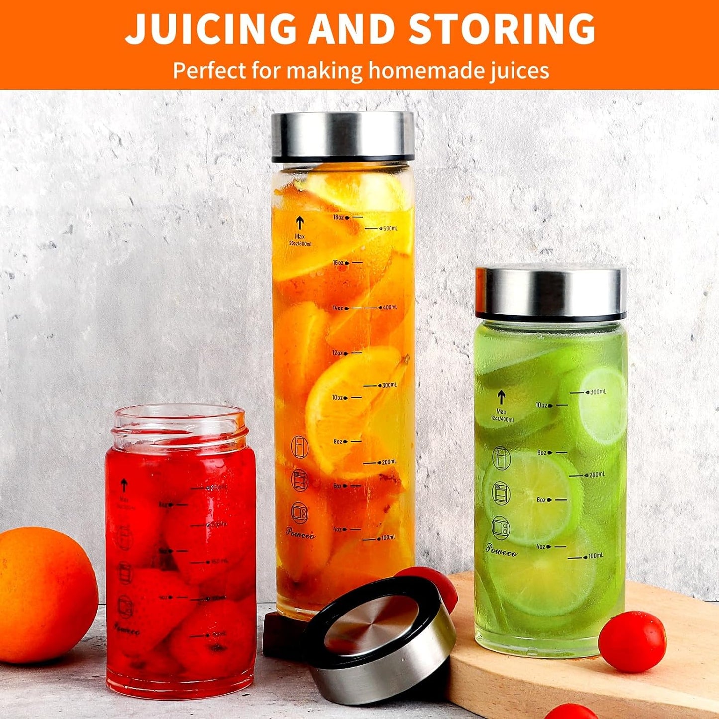 Glass Juice Bottles 6 Pack 10 oz - Wide Mouth Glass Water Bottles with Lids - for Juicing, Protein, Smoothie, Milk, Reusable, BPA Free, Stainless Steel Lids, Blender, Shaker Bottle [10oz/300ml]