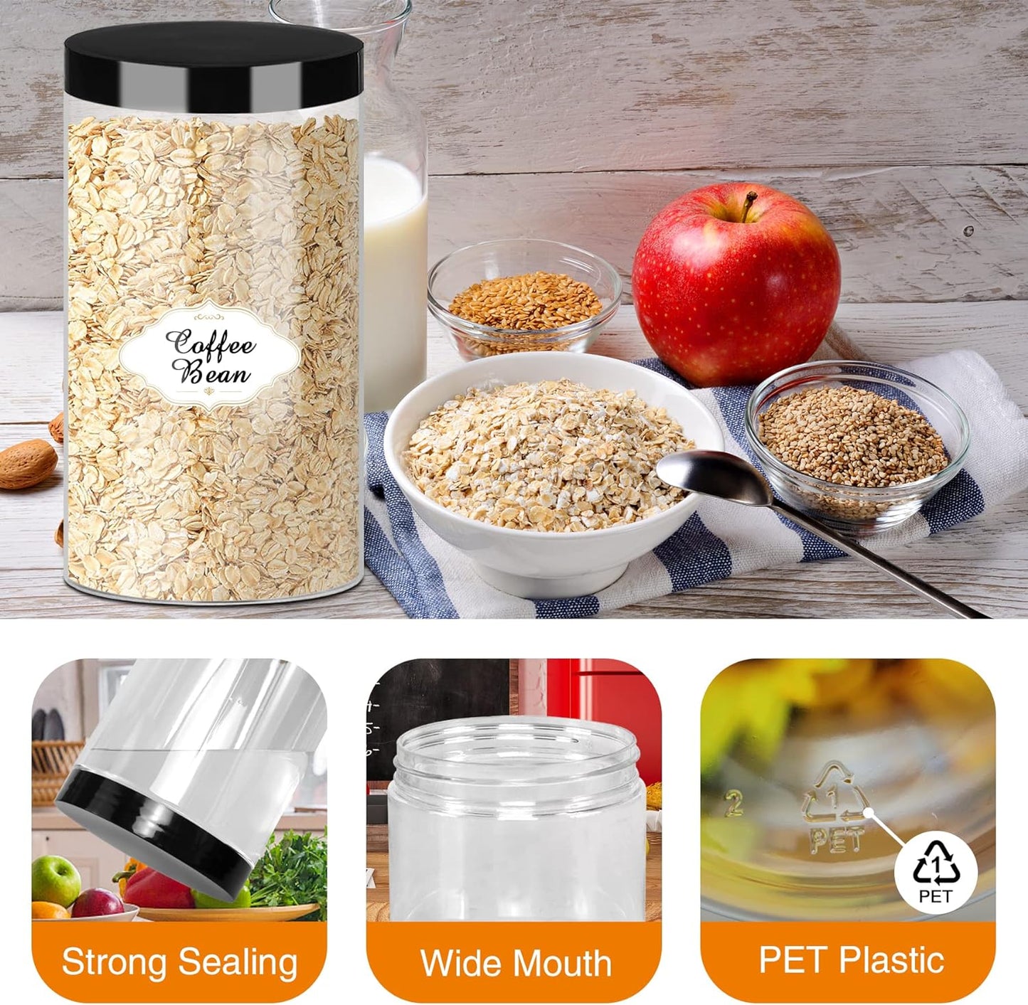 Plastic Jars with Lids, 16 Pcs 32 OZ Large Plastic Storage Jars with Black Leakproof Lids Cylinder Plastic Storage Container Jar Reusable Clear Empty Jars for Home and Kitchen Organizing