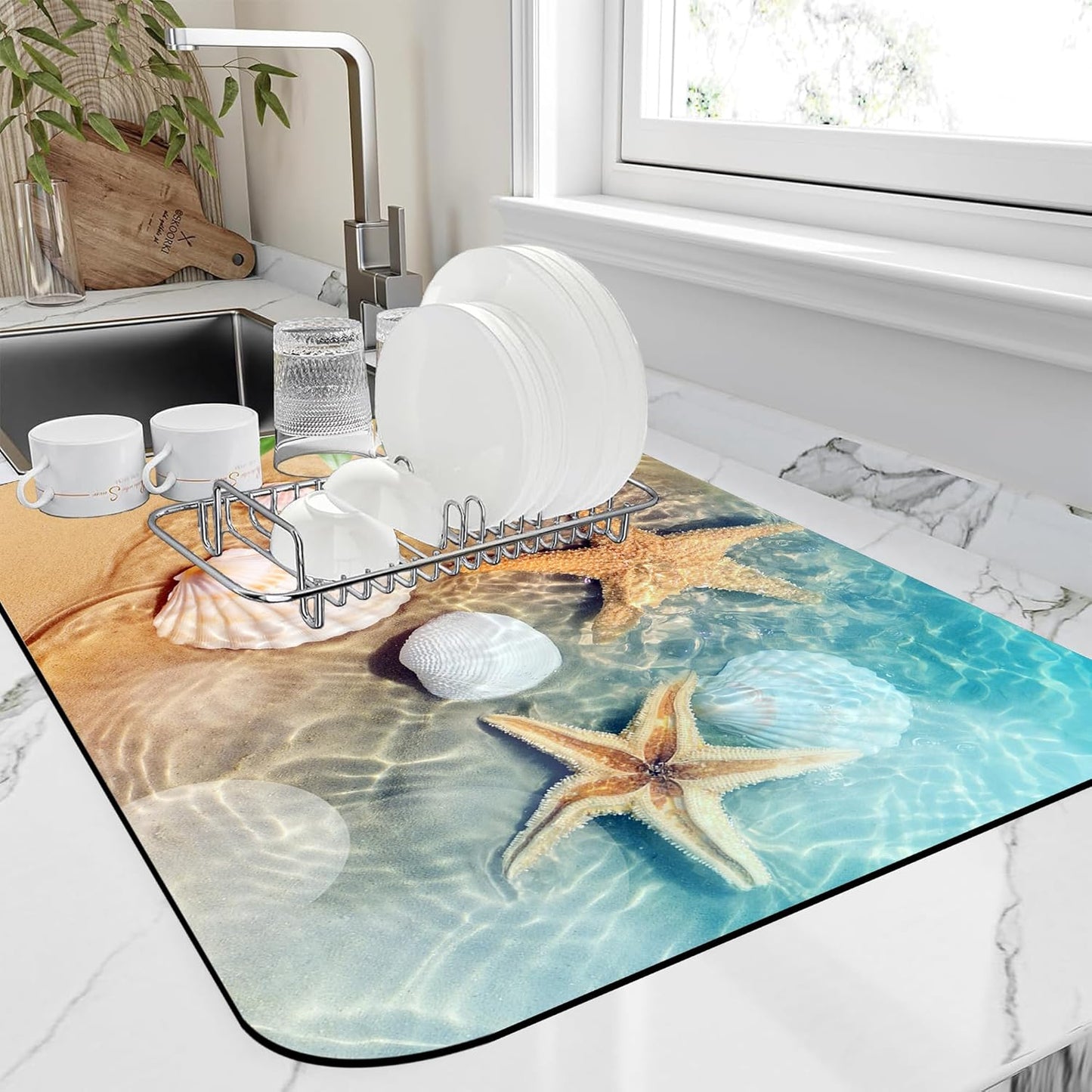 Dish Drying Mat Summer Beach Starfish Seashell Kitchen Mat 16"x24" Bsorbent Coffee Maker Mat for Dishes,Utensils Coffee Maker Pots and Pans Easy Clean Dish Slip Resistant Pad