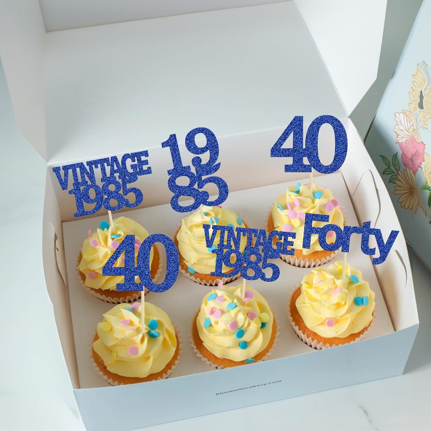 Gyufise 24Pcs Vintage 1985 Cupcake Toppers Glitter Cheers to 40 Fabulous Forty Cupcake Picks 40th Birthday Wedding Anniversary Party Cake Decorations Supplies Deep Blue