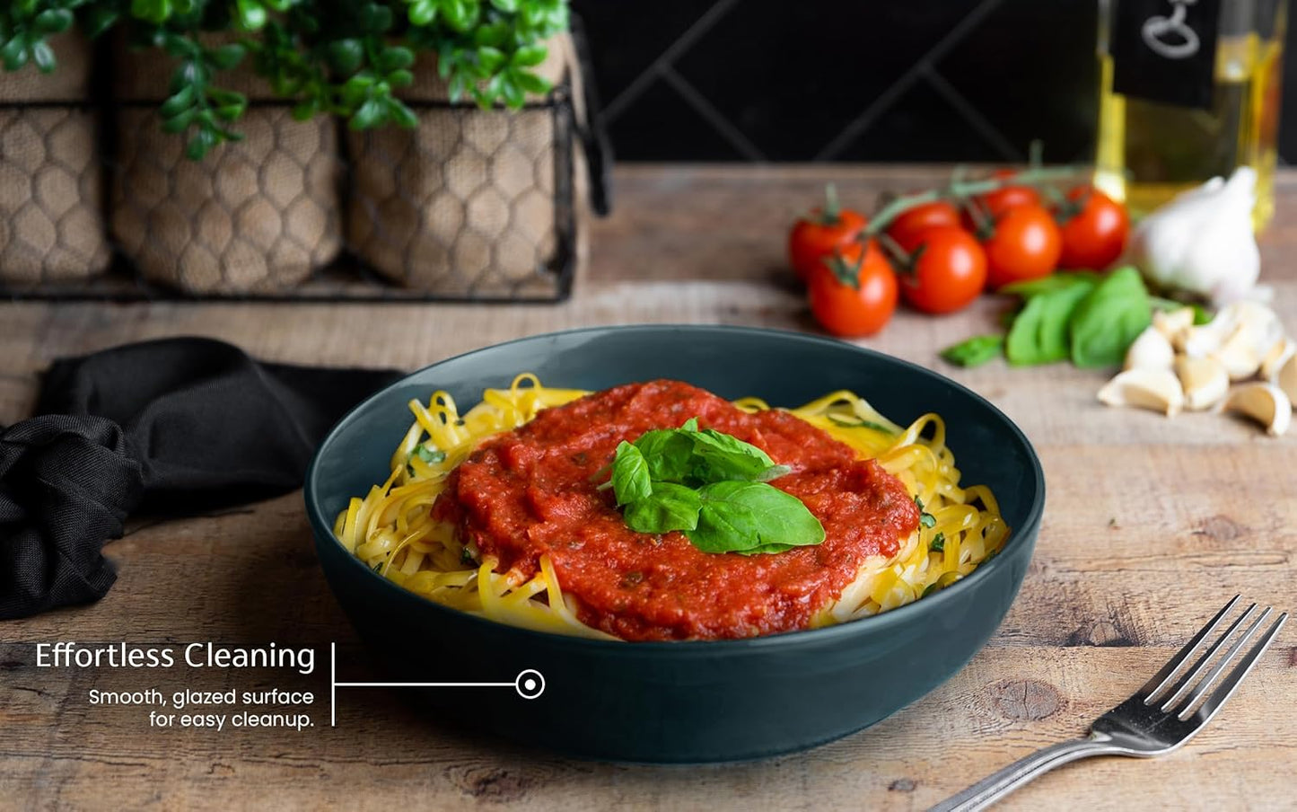 KooK Pasta Bowl, Salad Bowls, Soup, Serving Bowls, Ceramic, Large Capacity, Microwave & Dishwasher Safe, Set of 4, 40 Oz,(Dark Teal)