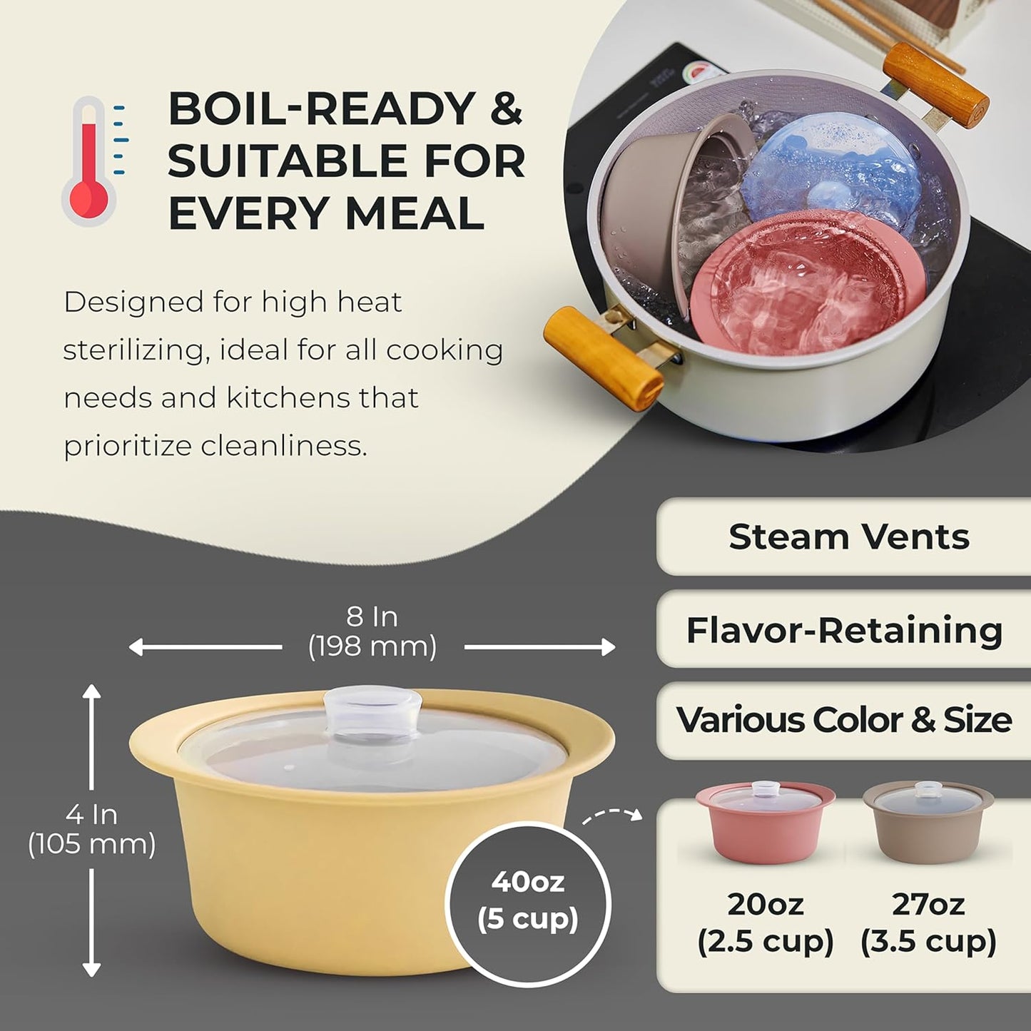 40oz Platinum Silicone Microwave Steamer Pot with Handle & Lid - Korea 100% Food-Grade Steamer Bowl, Heat-Resistant Cooker with Steam Holes, Easy Clean, Dishwasher Safe, Yellow