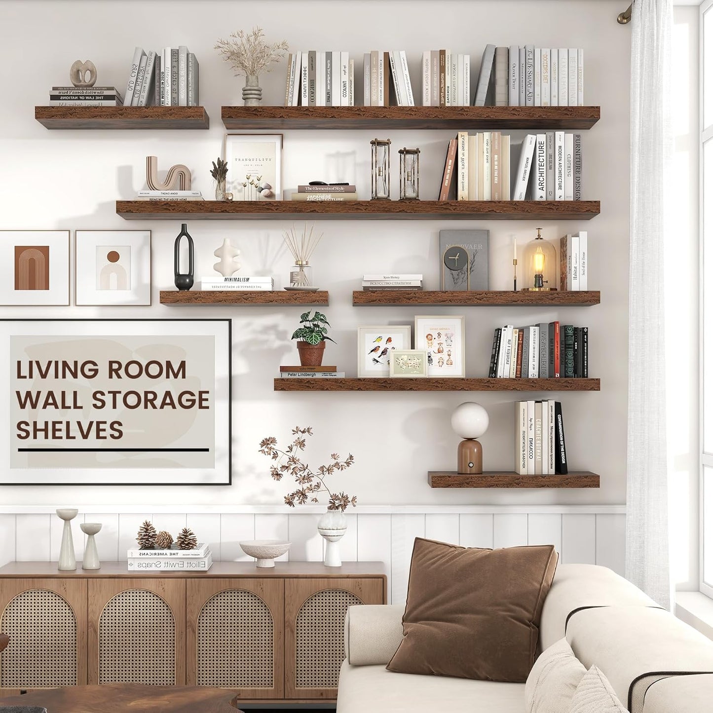Floating Shelves - 2 Large Wall Mounted Shelves with Invisible Brackets, Long Wood Floating Wall Shelf for Living Room, Bedroom, Kitchen (Brown, 48" W x 9" D x 1.5" H)