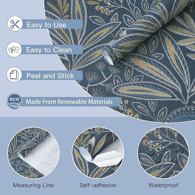 Safiyya Blue Vintage Floral Wallpaper Peel and Stick Contact Paper 17.3" x - Image 6