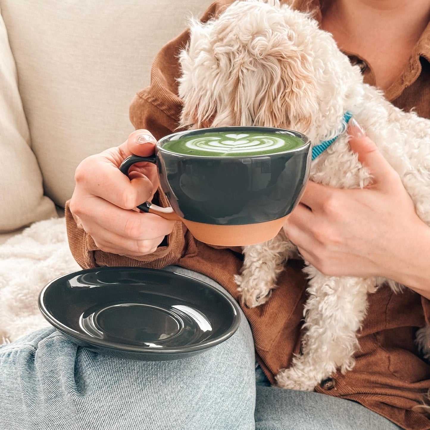 Mora Ceramic Latte Art Mug With Saucer - 10.5 oz, Round Bottom For Perfect Pours - Cafe Cups for Cappuccino, Espresso, Coffee, Tea etc - Porcelain Set for Baristas, Great Gift - Charcoal