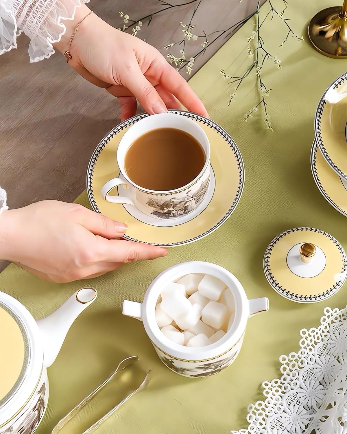 ACMLIFE Tea Set for Adults- Fine China Tea Set for 6, 21-Piece Vintage Coffee Set English Porcelain Tea Pot Sets for Adult Tea Party for Women Gift (Yellow, Extra Large 21)