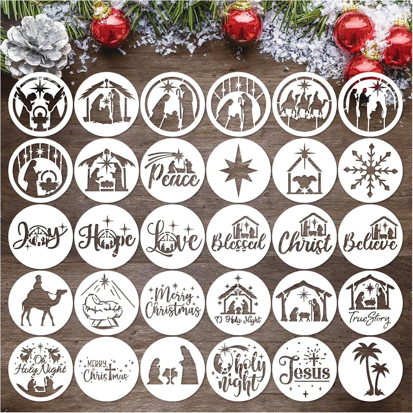 30 Pieces Small Christmas Nativity Stencils for Painting on Wood Reusable Palstic Nativity Scene Stencils for DIY Crafts Ornament Wood Cookie (3in Jesus)