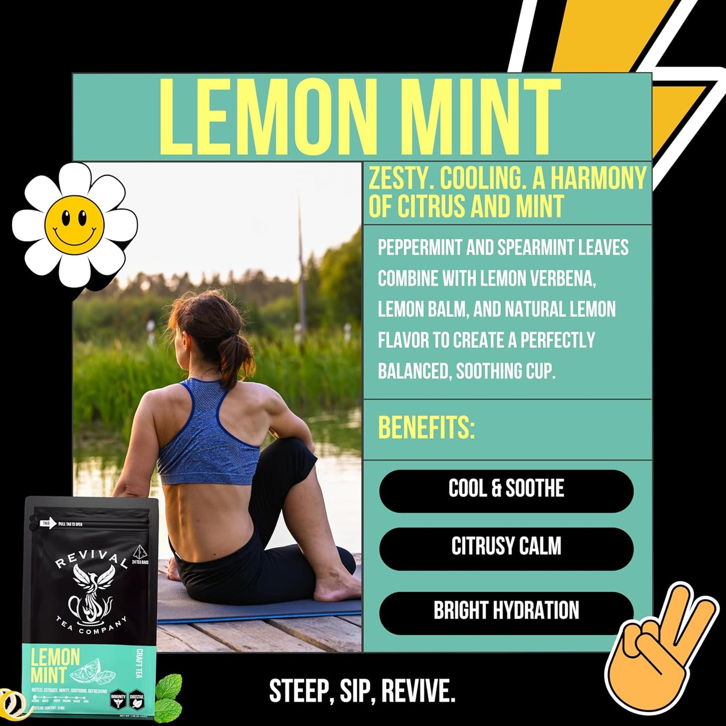 Revival Tea Company Lemont Mint Tea - Herbal Tea Blend of Peppermint, Spearmint and Lemon - Caffeine Free - 24 Tea Bags