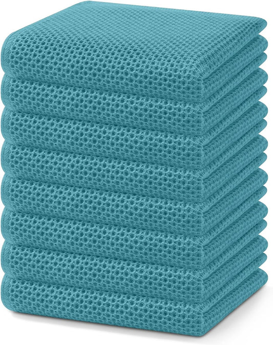 Homaxy 100% Cotton Waffle Weave Kitchen Dish Towels, Ultra Soft Absorbent Quick Drying Cleaning Towel, 13 x 28 Inches, 8-Pack, Lake Blue