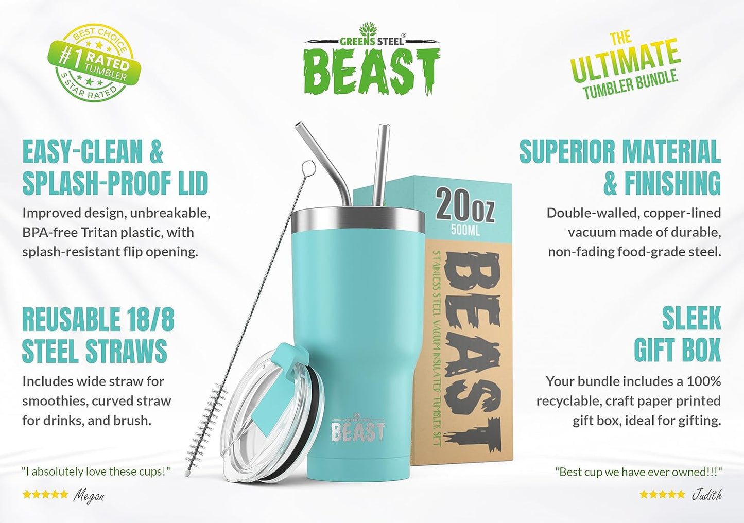 Beast 20 oz Tumbler Stainless Steel Vacuum Insulated Coffee Ice Cup Double Wall Travel Flask (Aquamarine Blue)