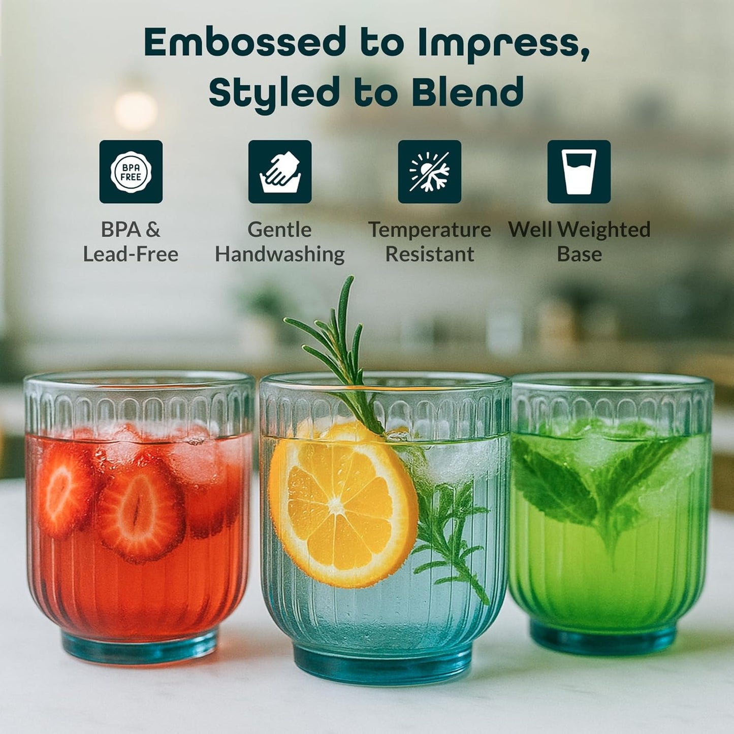 Glaver's Double Old Fashioned Rock Glasses, Set of 4 Blue Whiskey Glasses, 11 oz Art Deco U-Shape Design Embossed Everyday Home Bar Glassware. Art Deco Elegant Kitchen Drinking Glasses.