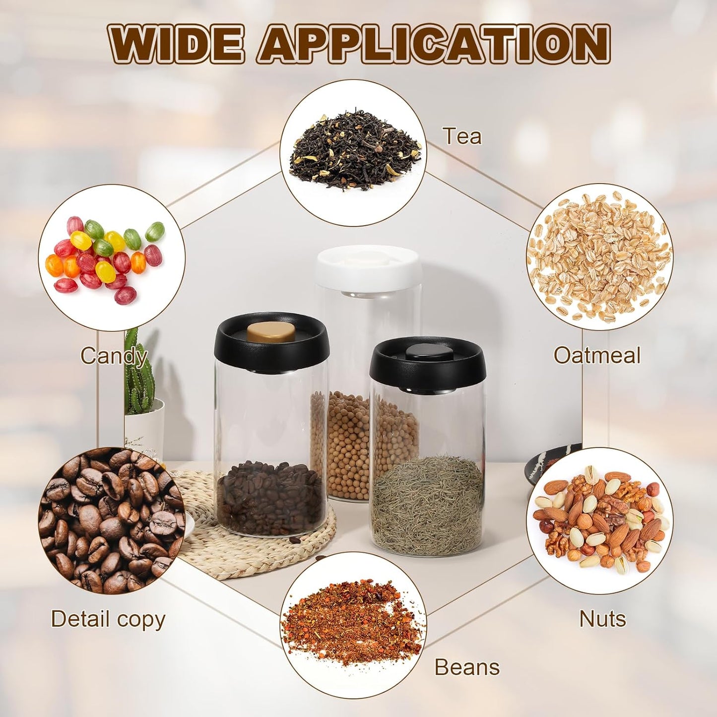 uxcell 2pcs Coffee Vacuum Container, 500ml/17oz Glass Coffee Bean Storage Container with Lids for Spices Biscuits Loose Leaf Tea, Black