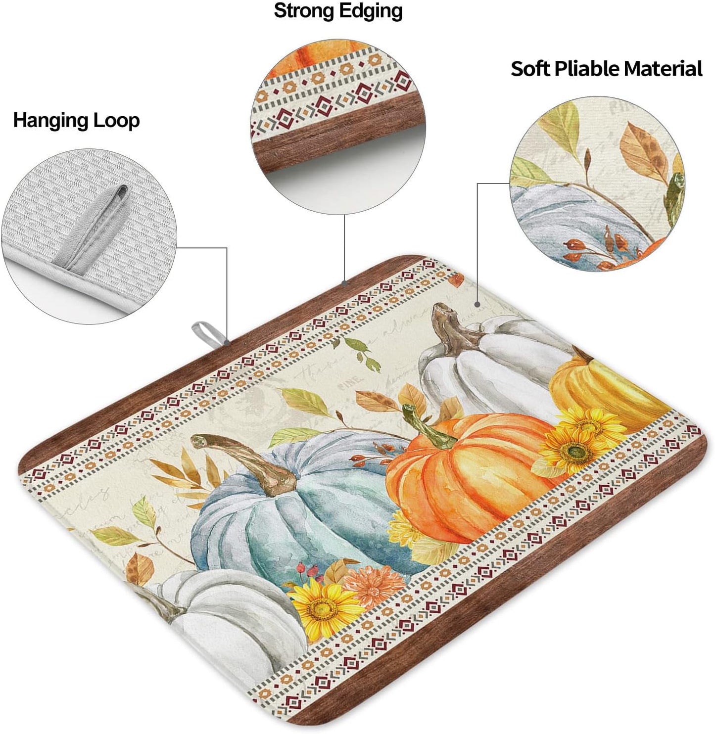 Fall Dish Drying Mat for Kitchen Counter Pumpkin Drying Pad Absorbent Drying Mats for Countertops Sinks Draining Racks Sunflower Eucalyptus Leaves Drainer Holiday Harvest Thanksgiving Decor 16x18