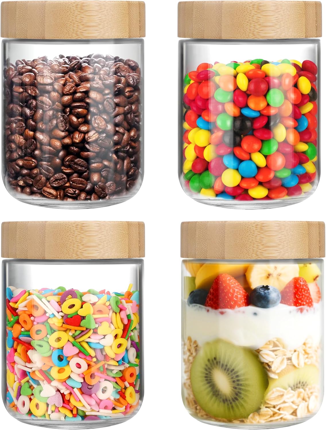 OcePor 4 Pack 16oz Glass Jars with Bamboo Lids, Over Night Oats Container with Airtight Lid, Glass Snack Storage Salad Jars For Food, Yogurt, Sugar and Flour,Coffee Bean, Cookie, Cereal