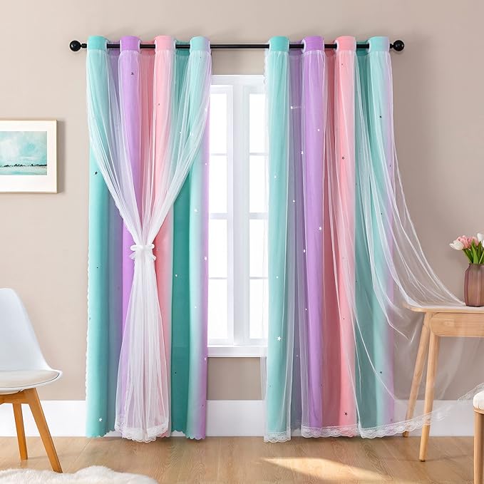 XiDi Curtains for Bedroom Decor, Rainbow PinkPuGreen-34-96 by Addsomecolortolife