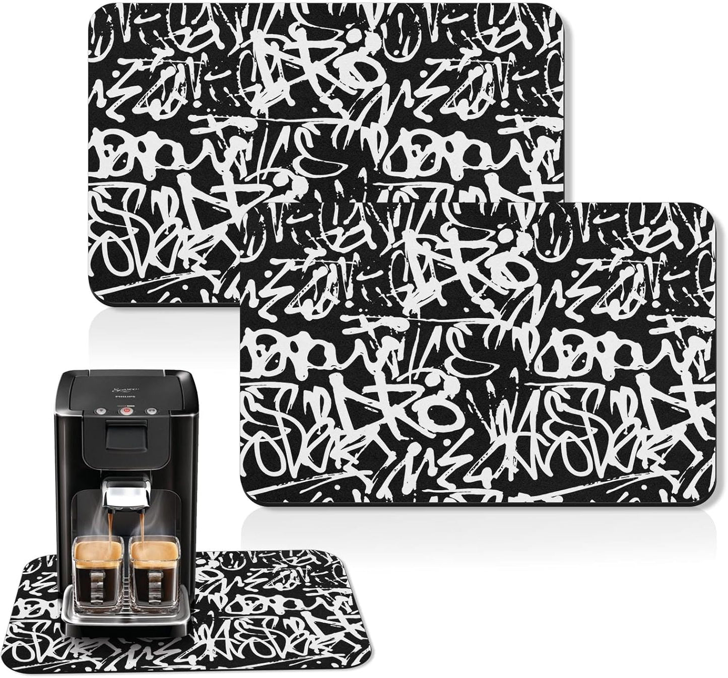 Arttown Coffee Mat for Countertops, Graffiti Abstract Letters Old School Black Dish Drying Mat 2 Pcs for Kitchen Bar Accessories, Coffee Maker Espresso Machine Dish Rack Hide Stain Rubber 12x19in