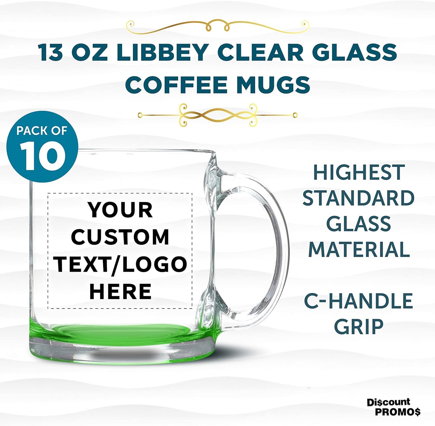 Custom Libbey Clear Glass Coffee Mugs 13 oz. Set of 10, Personalized Bulk Pack - Perfect for Coffee, Tea, Espresso, Hot Cocoa, Other Beverages - Green Bottom