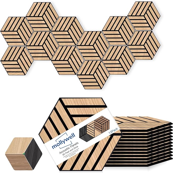 Mollywell Acoustic Panels, PVC Wood-Grain, 14x12 Inch Hexagon Carved Sound by Mollywell