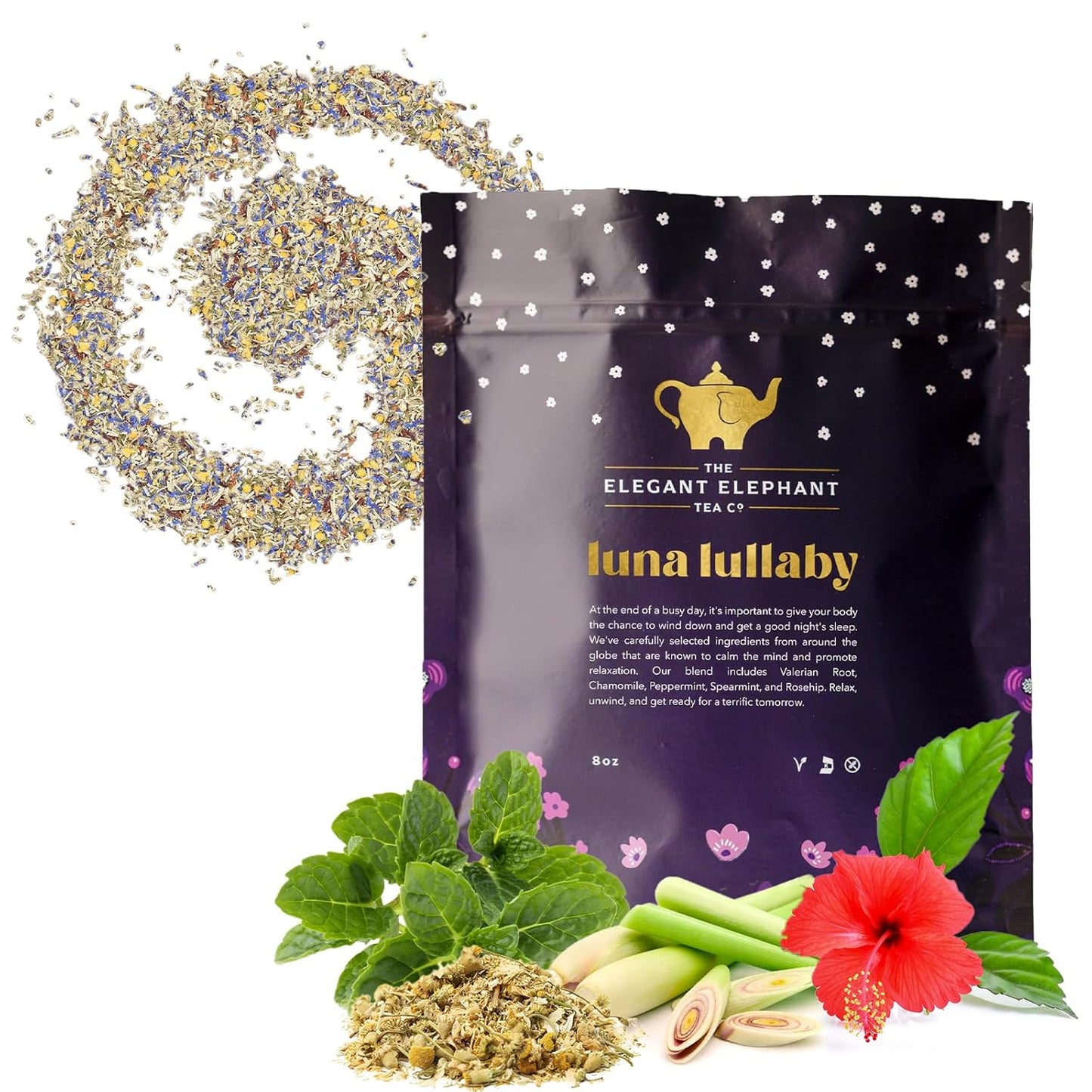 Luna Lullaby Sleep Tea, Organic Loose Leaf Herbal Tea – Calming, Relaxing Bedtime Tea – Chamomile, Valerian Root, Peppermint – 8 oz Resealable Bag (Makes 100 Cups) – The Elegant Elephant