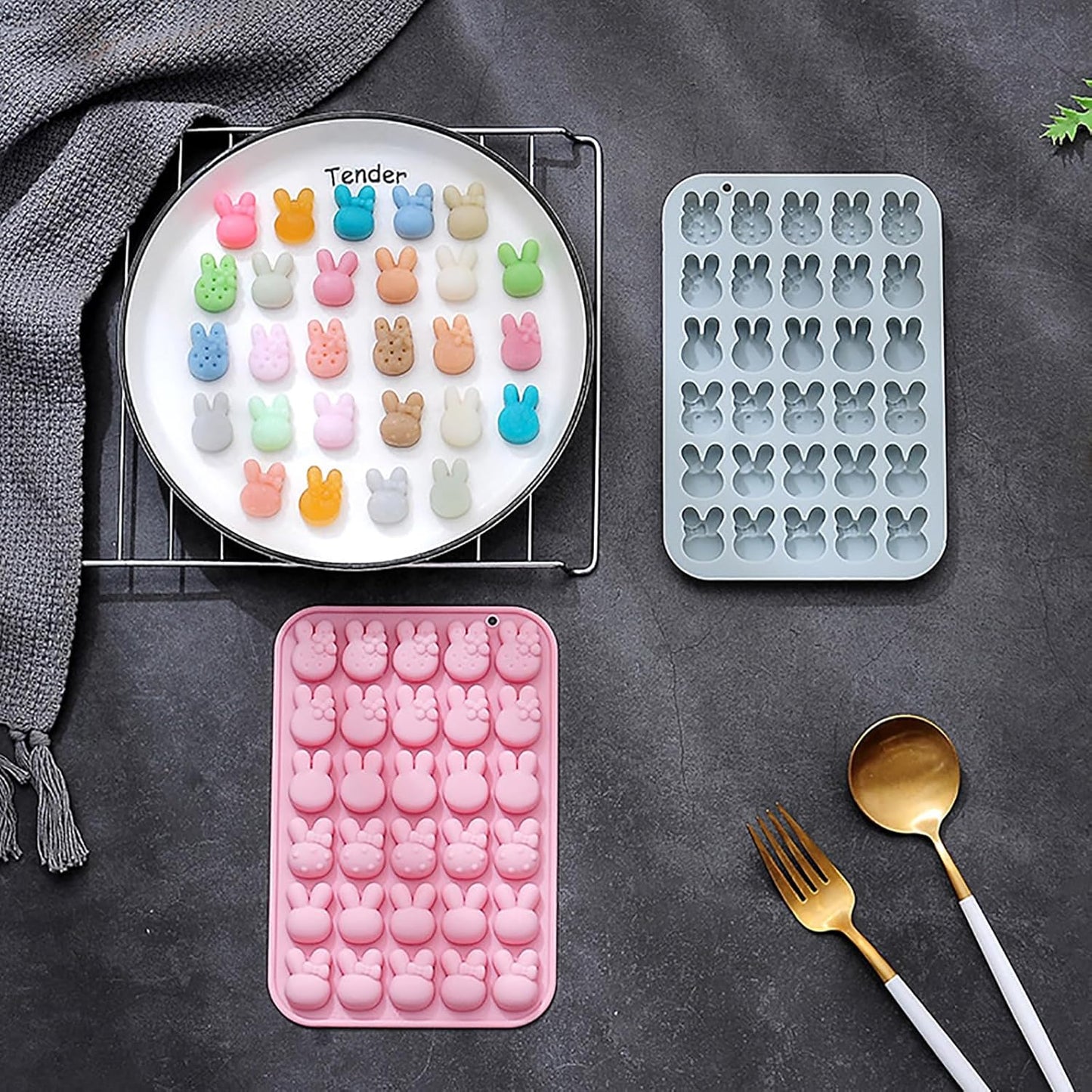 2 Pcs Easter Bunny Silicone Molds, 6 Shaped Rabbit 30 Cavities Candy Mould Wax Melt Tray for Baking Rabbit Chocolate Jello Resin Gummies Cupcake Decor