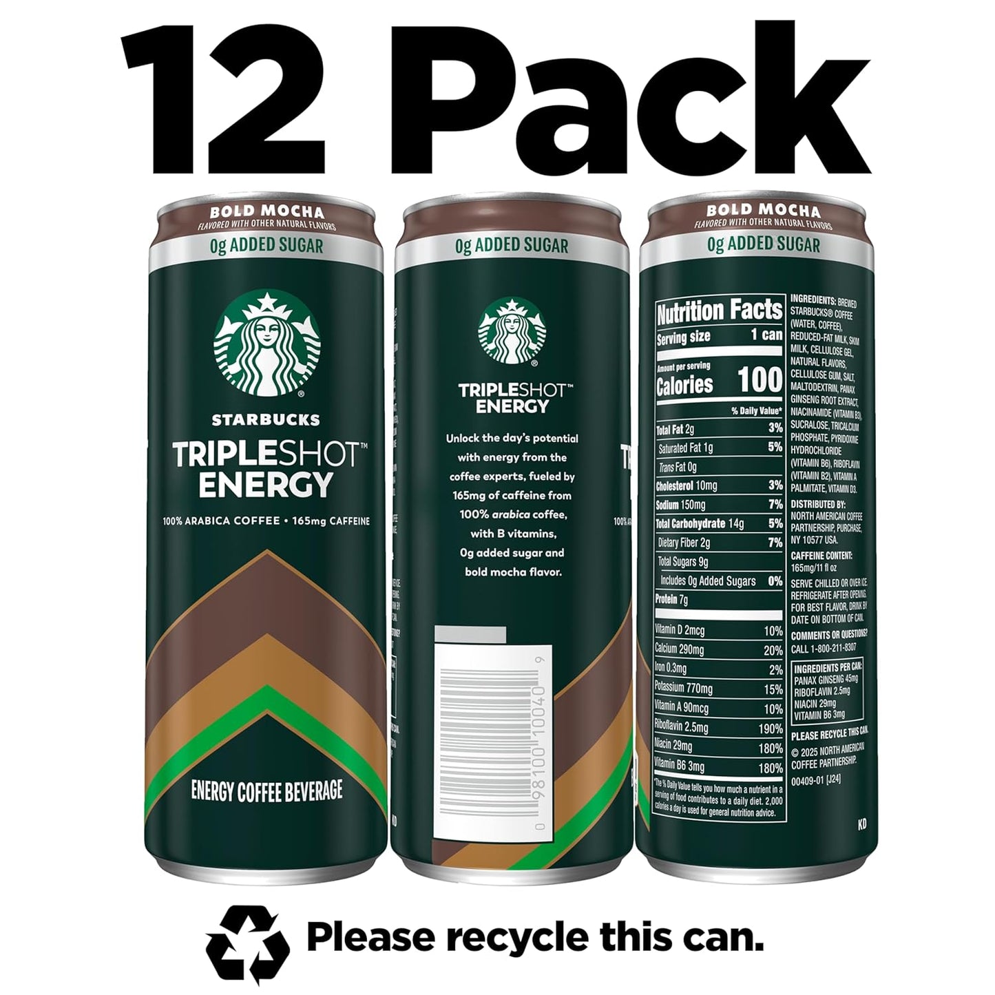 Starbucks Tripleshot Coffee Energy Drink, Bold Mocha, 11 fl oz Cans (12 Pack), Triple Blend, 165mg Caffeine, B Vitamins, Protein, Iced Coffee (Packaging and Formula May Vary)