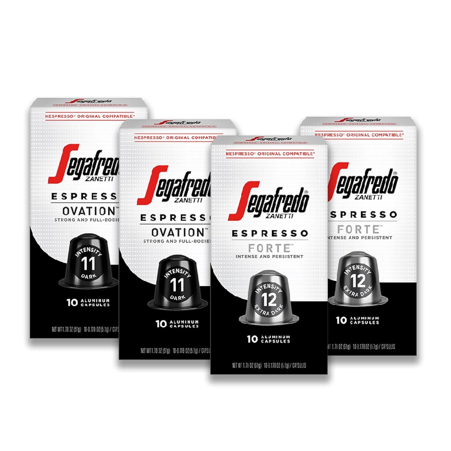 Segafredo Zanetti Espresso Capsules – Aluminum Pods for Nespresso Original Machines – Ovation & Forte Variety Pack Premium Espresso – Dark and Extra Dark Roast – Ovation & Forte, 10 Count (Pack of 4)