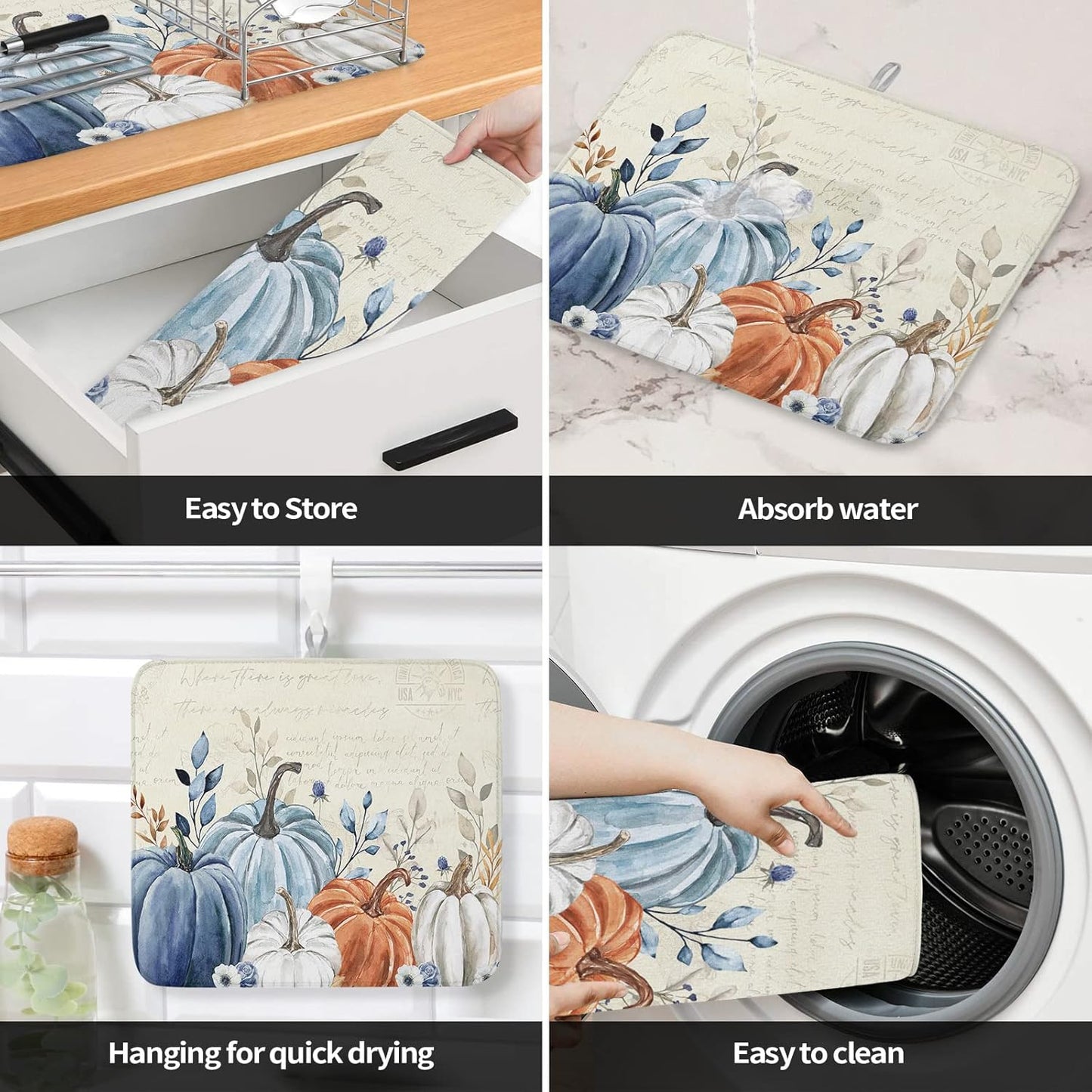 Fall Dish Drying Mat for Kitchen Counter Blue Pumpkin Drying Pad Absorbent Drying Mats for Countertops Sinks Draining Racks Floral Leaves Drainer Holiday Harvest Thanksgiving Decorations 16x18