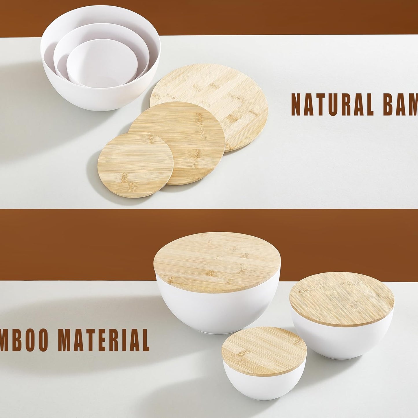 JOYMAY Salad Bowls, Mixing Bowl Salad Bowl Set, Natural Bamboo Fiber Serving Bowl Set of 3 with Bamboo Wood Lid, Nesting Bowls for Salads,Pastas(White,10",8",6")