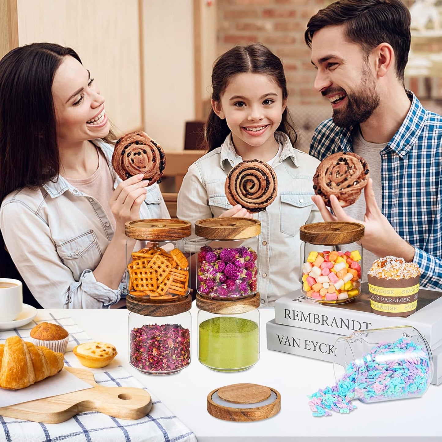 Small Glass Jars with Labels Spice Jar Round Storage Canister with Wooden Lid Clear Glass Food Jar for Pantry Sugar Tea Coffee Bean Spice Nuts Cookies Bath Salts (6 * 420ml(14oz))