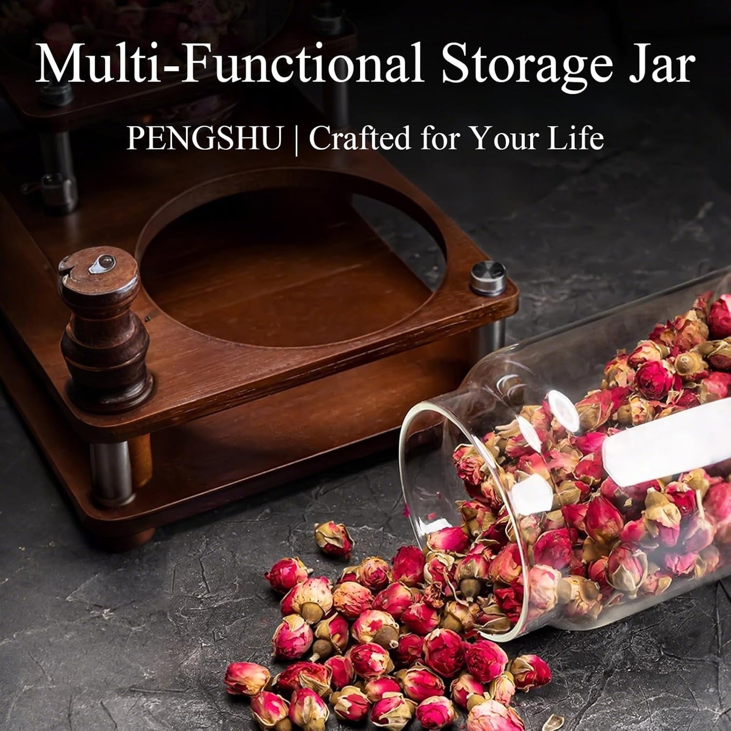 Glass Jars with Airtight Wood Lids - 17 oz Small Kitchen and Pantry Storage Containers, Canisters for Chia Seed, Ground Coffee, Sugar, Spice, Salt, Salad, Matcha, Set of 2