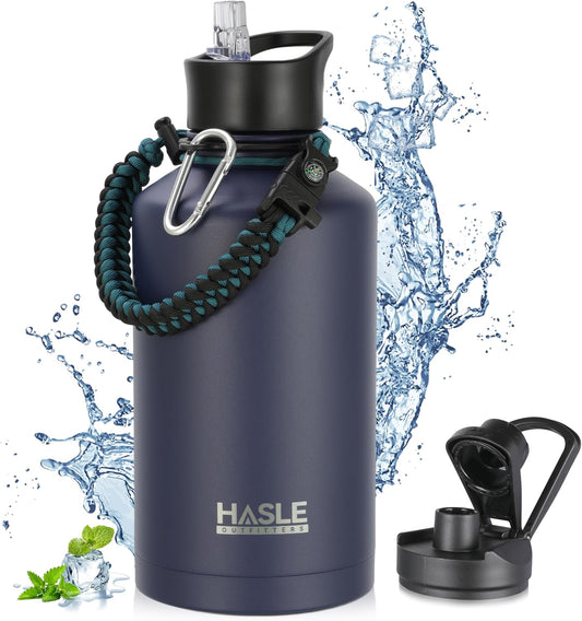 HASLE OUTFITTERS Half Gallon Insulated Water Bottles 64 oz, Stainless Steel Metal Water Jug with 2 Lids Keep Cold 48h/Hot 24h, Leak Proof & BPA-Free Water Flask Jug(Navy,1)
