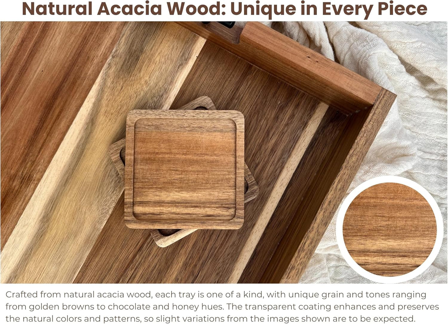 Acacia Wooden Ottoman Tray for Living Room & 6 Coasters Set – 21" Large Coffee Table Serving Tray with Handles, Perfect for Food, Drinks, Kitchen, and Home Decor