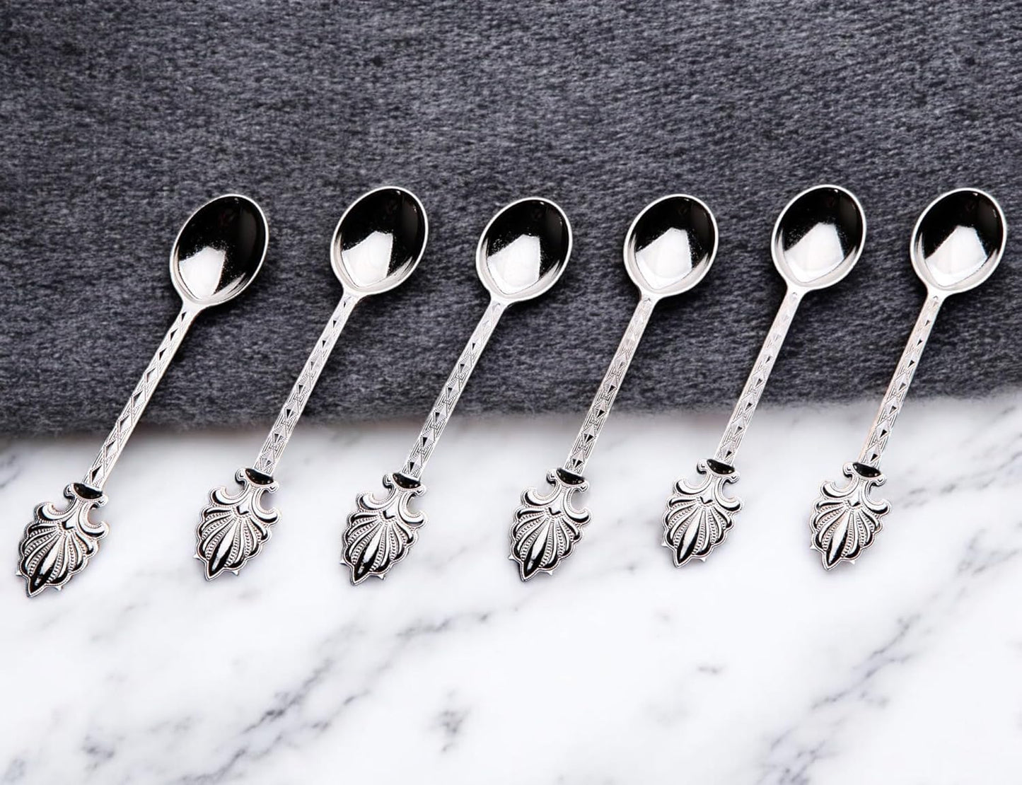 Alisveristime Turkish Tea Spoons Set – 6-Piece Zamac Ottoman-Style Decorative Spoons for Tea & Coffee (4.3”) (Silver)