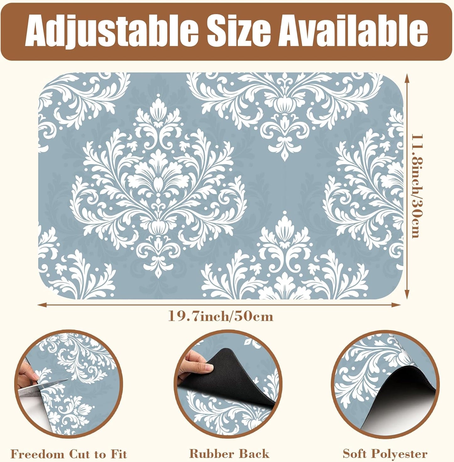 Dish Drying Mat Blue Damask Floral Coffee Bar Mat for Countertop Absorbent Rubber Backed Hide Stain Dish Drainer Rack Pad Coffee Maker Espresso Machine Dining Room Decoration 11.8 x 19.7 Inch