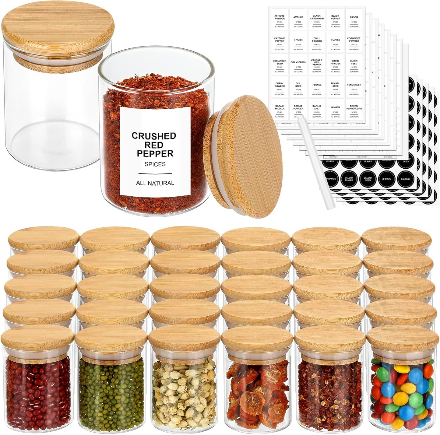 4OZ Glass Spice Jars with Bamboo Lids and 315 Labels, 20 Pcs Clear Food Storage Containers for Kitchen Sugar Salt Coffee Tea Beans