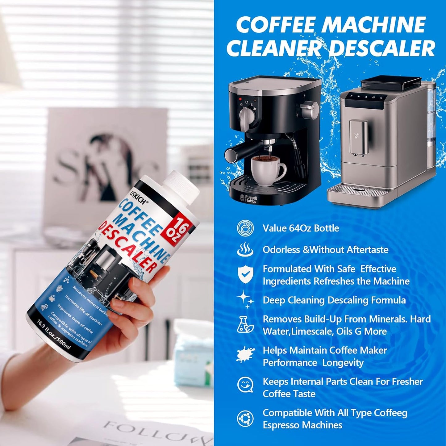 4 Pack Coffee Machine Descaler Cleaner -16 Uses,Descaling Solution for Nespresso Breville Keurig Jura &Delonghi - Coffee Machine Cleaners For All Coffee Makers & Espresso Machines,Glass Pot Cleaner