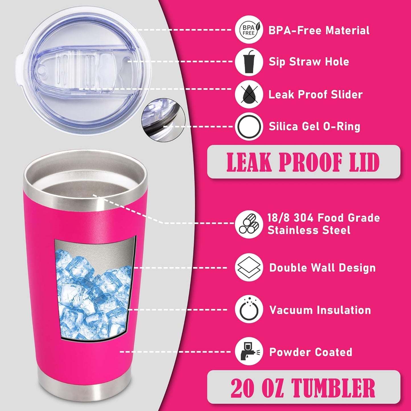 20 oz Tumbler Coffee Tavel Tumblers Bulk with Lid Stainless Steel Double Wall Vacuum Insulated Mug Powder Coated Cups fit Car Cupholder for Hot and Cold - Hot Pink, 8Pack