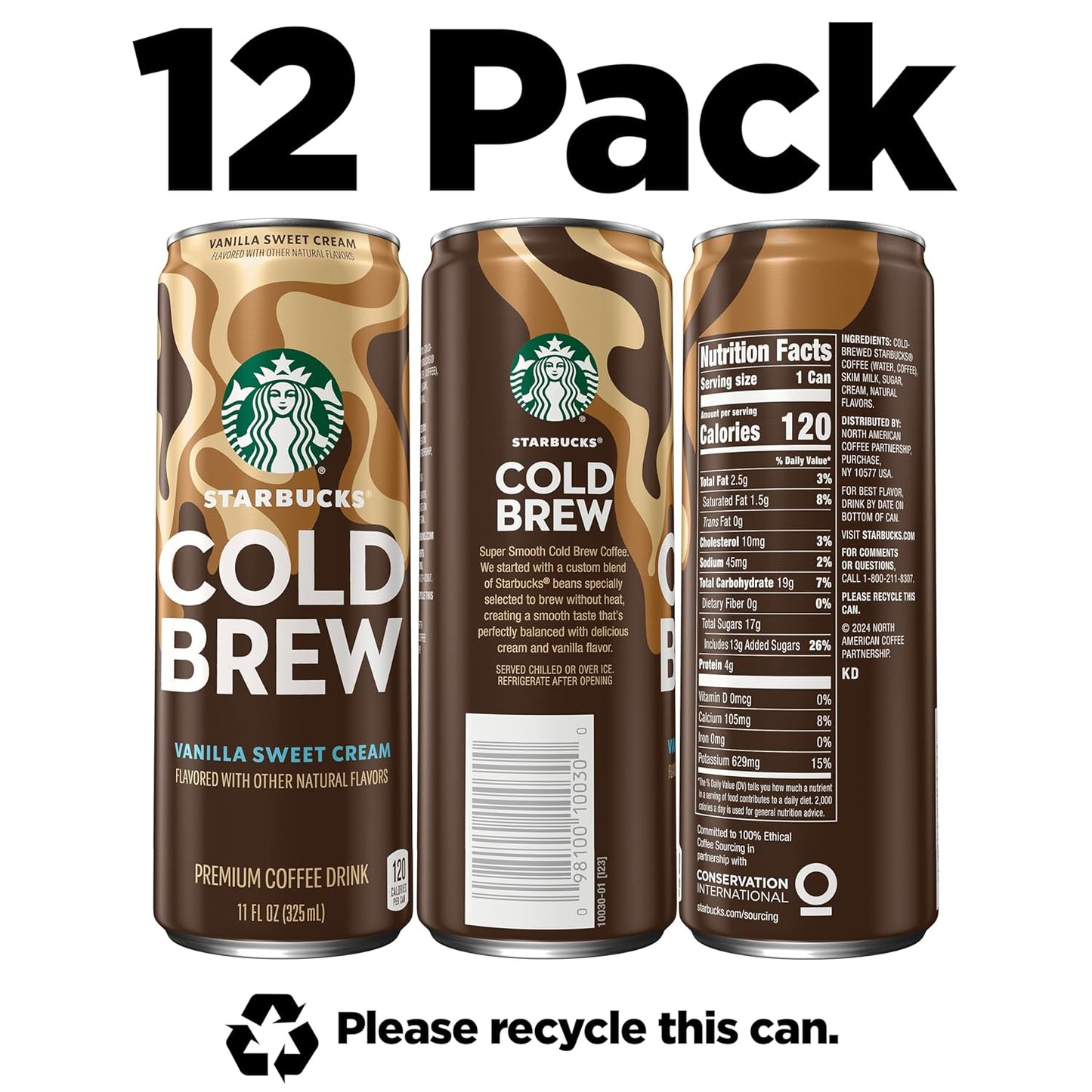 Starbucks Cold Brew Coffee, Vanilla Sweet Cream, 11 fl oz Cans (12 Pack), Premium Coffee Drink, Iced Coffee