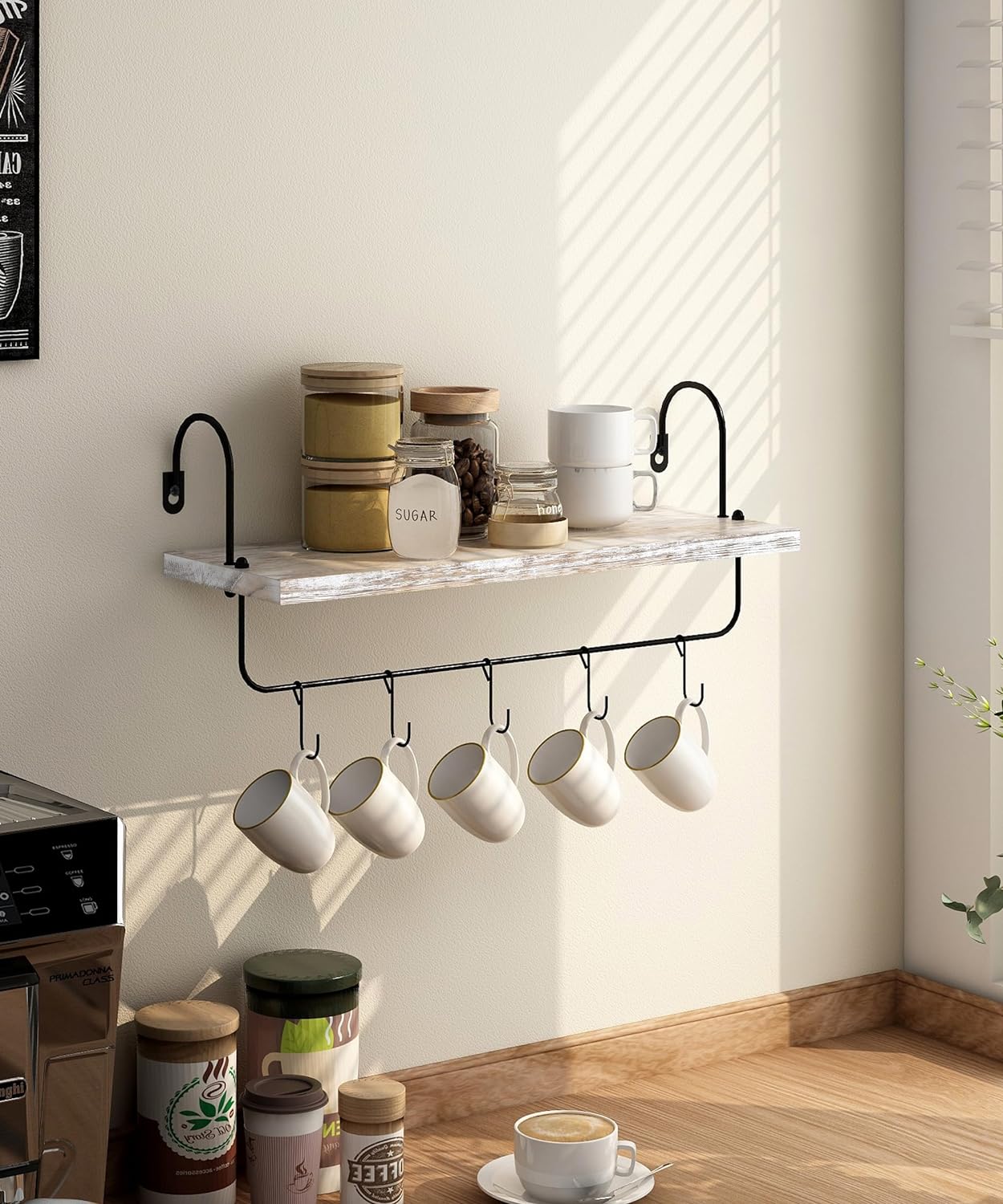 Coffee Mug Holder, Coffee Bar Shelf with Hooks Wall Mount Cup Organizer Mug Racks Pods Storage Hanger Farmhouse Kitchen Decor, White
