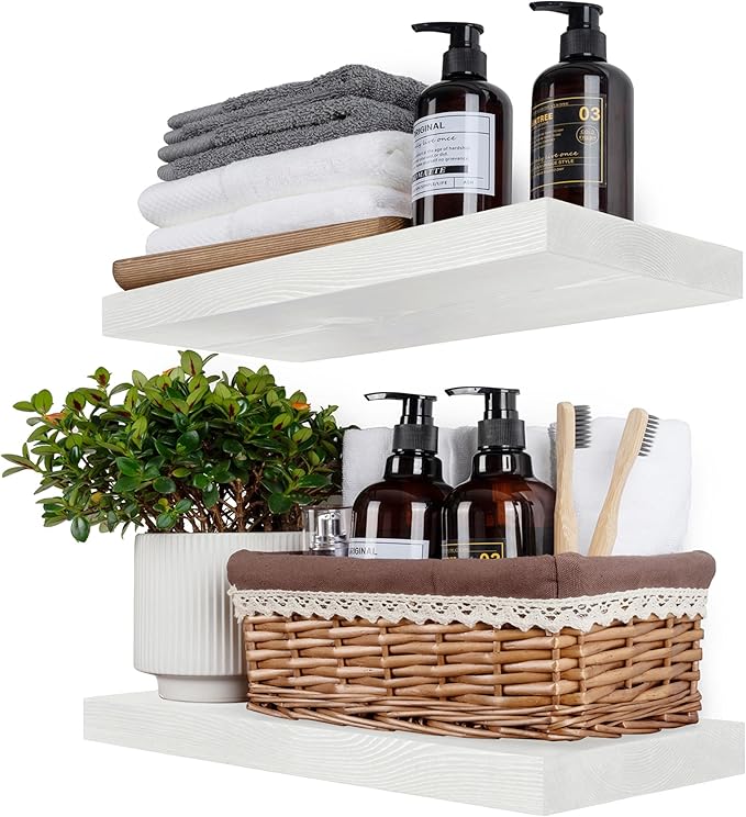 BGMG Wood Floating Shelves 16 inch Set of 2, Rustic Wooden Wall Mount Shelves by BGMG