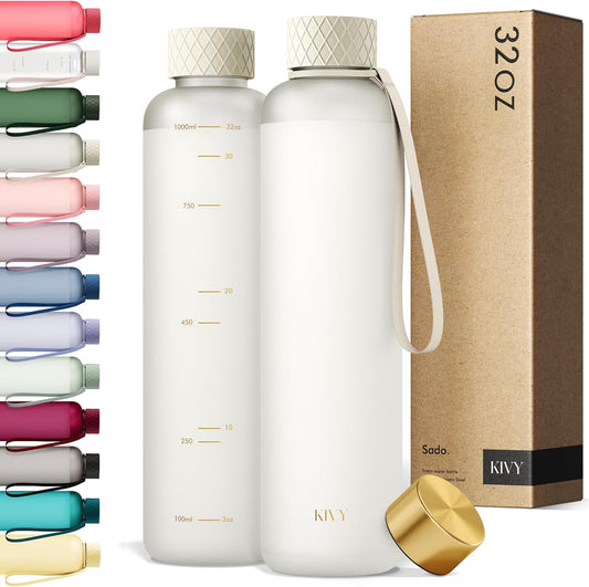 KIVY Slim Water Bottle 32oz [Lightweight & Shatterproof] Fits Cupholder & Backpack - Dishwasher safe water bottle no straw - Cute aesthetic water bottles screw top - Bpa free, Gold, White water bottle