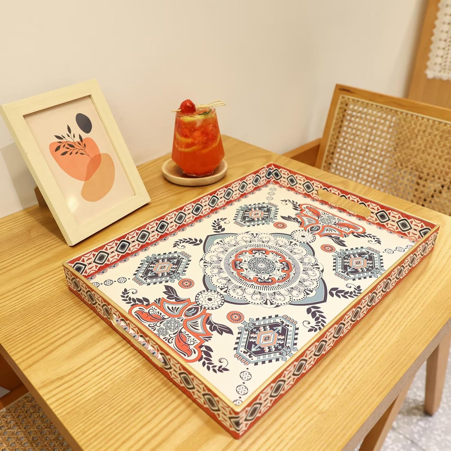 Rectangle Plastic Serving Tray with Handles, Elegant Decorative Tray for Coffee Table, Ottoman, Living Room, Kitchen, Outdoor Use. 12"*16"*1.6" C